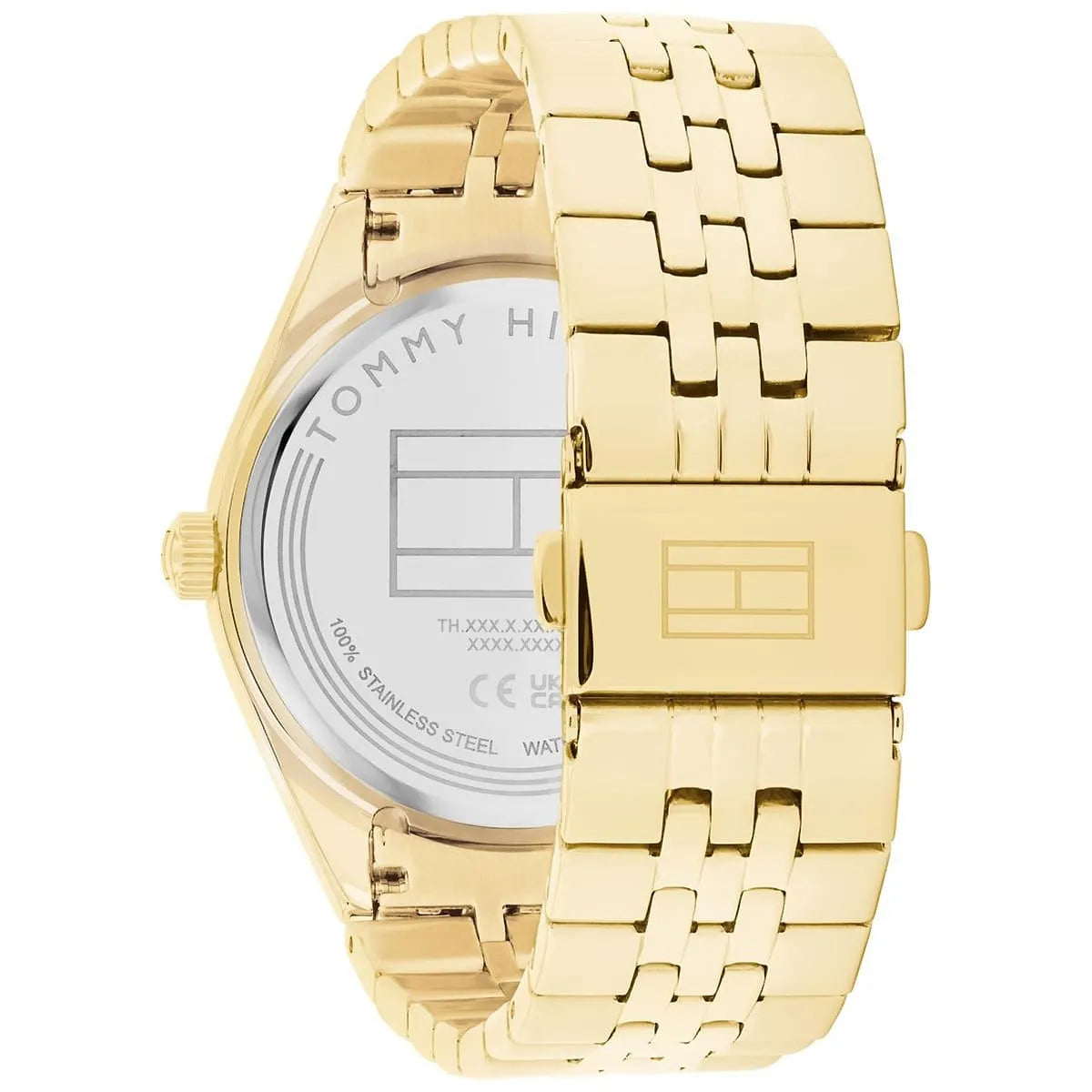 Tommy Hilfiger Monica watch caseback showing stainless steel case and gold plating