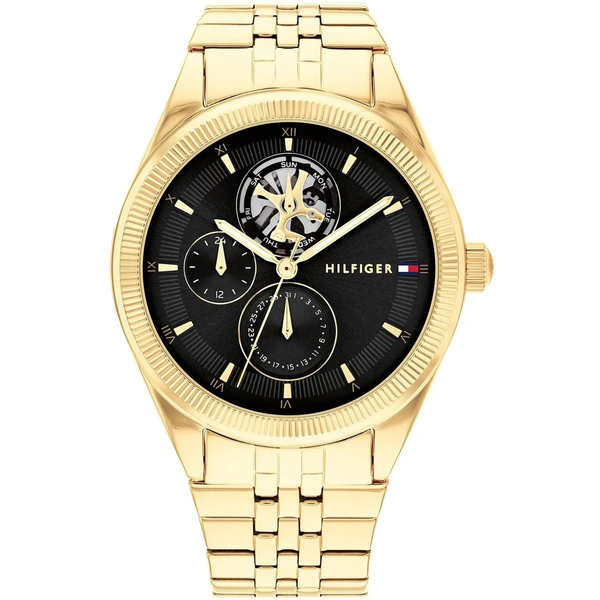 Tommy Hilfiger Monica gold plated steel watch with black dial and skeleton subdials