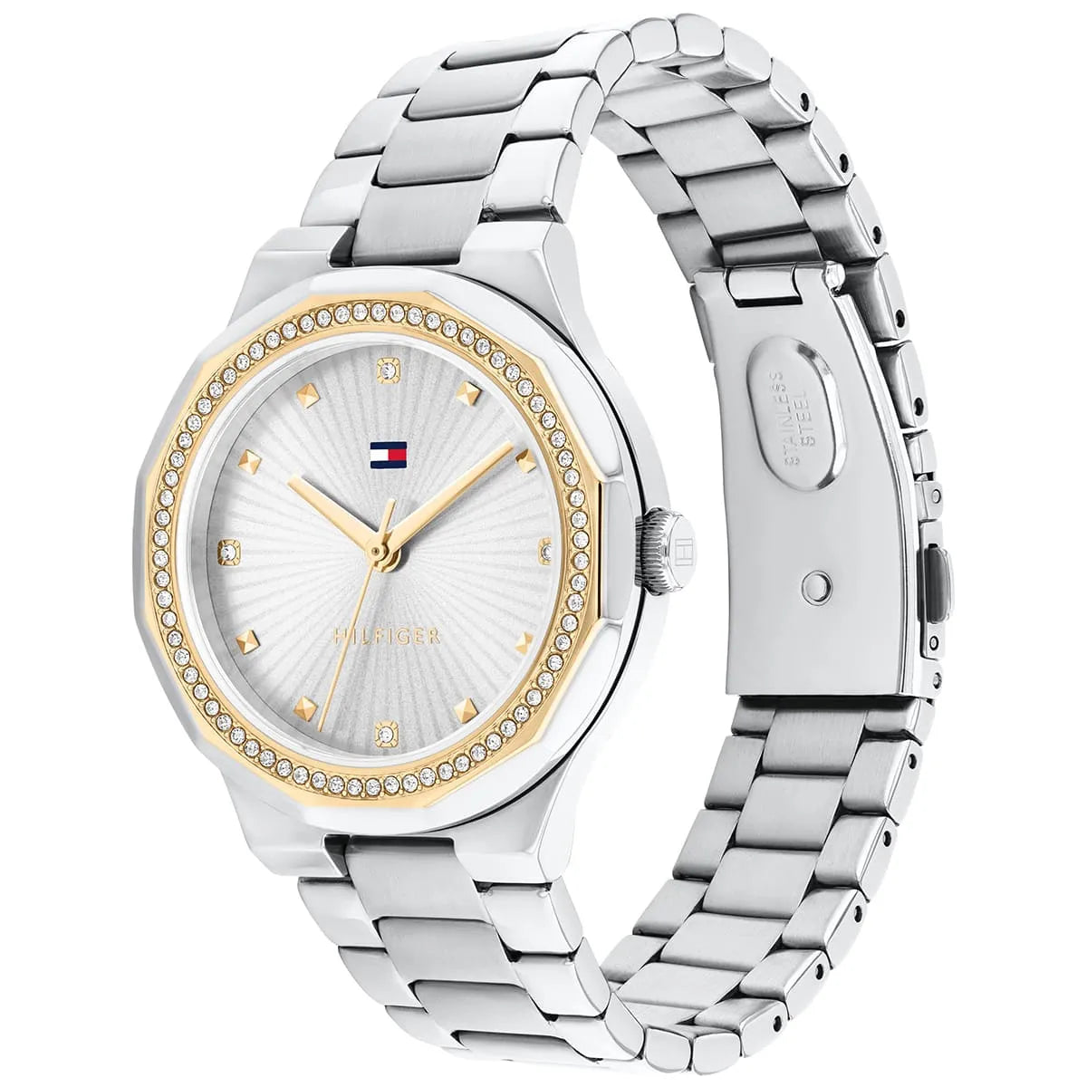 Side angle view of Tommy Hilfiger women's watch showing stainless steel metal strap and crystal bezel