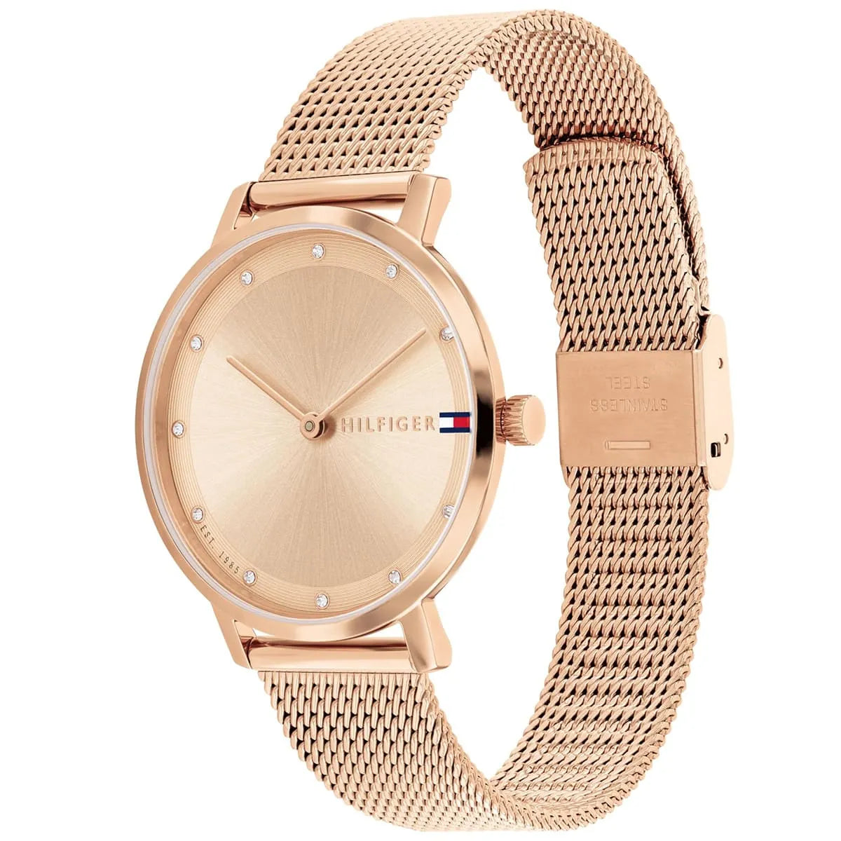 Tommy Hilfiger Pippa watch angled view showing rose gold case and mesh strap