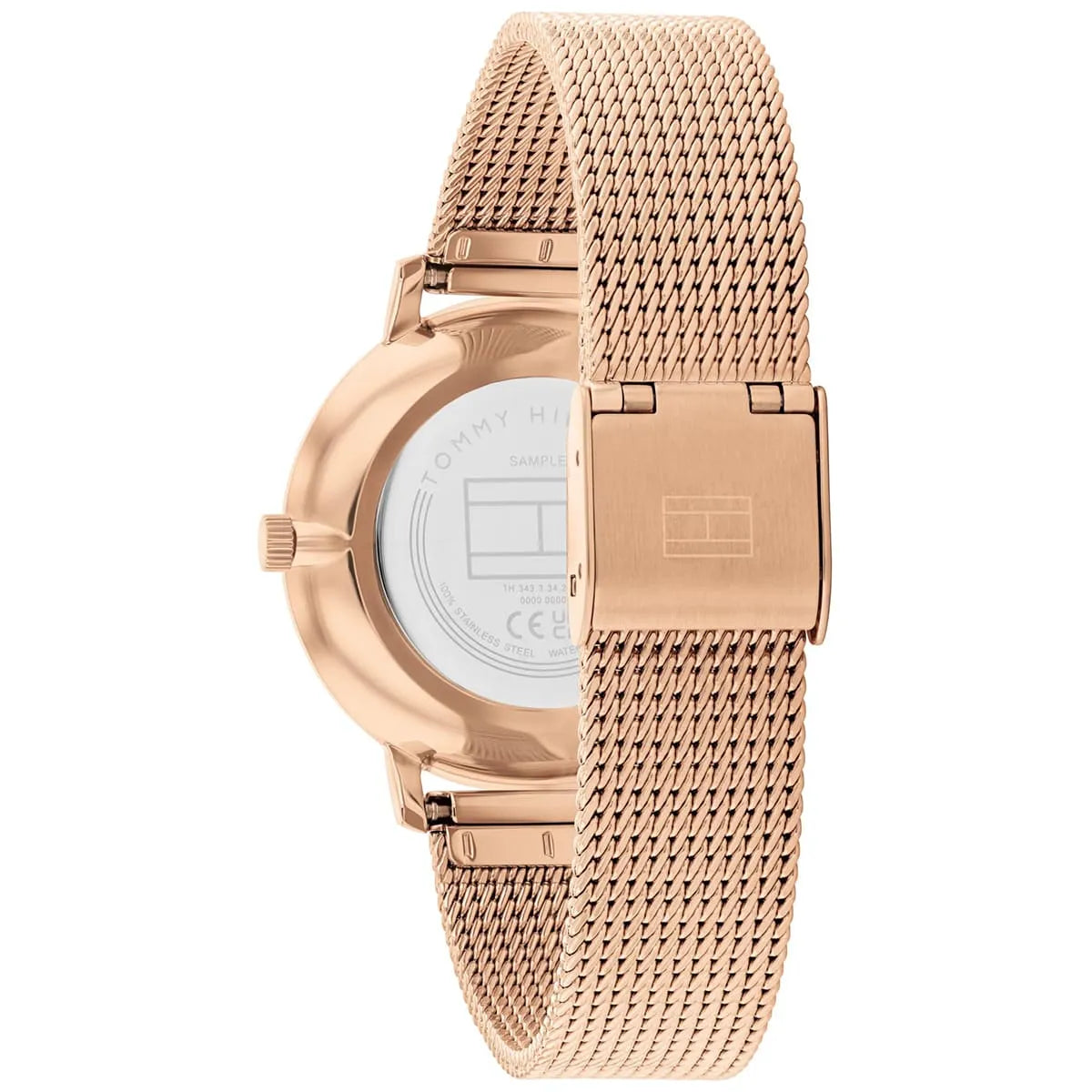 Tommy Hilfiger Pippa watch side view showing caseback and mesh bracelet