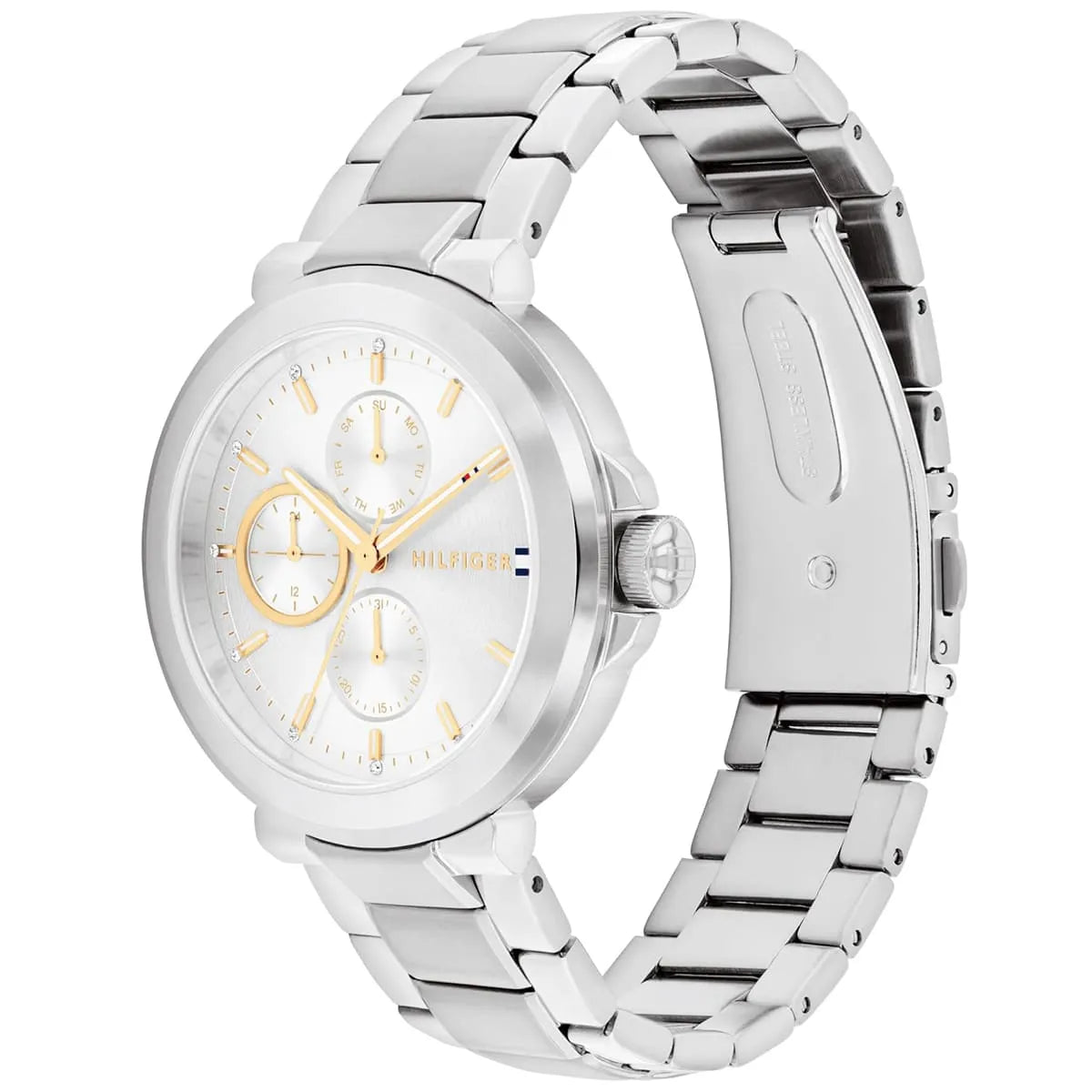 Side angle view of Tommy Hilfiger Lori watch showing stainless steel bracelet and chronograph dial