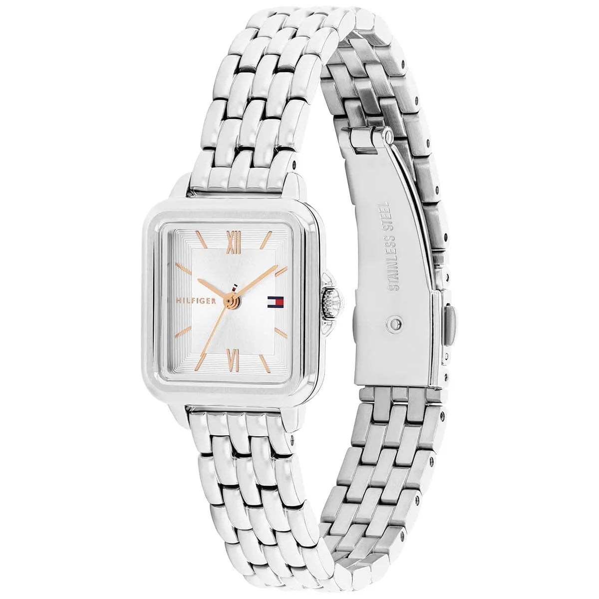 Tommy Hilfiger Mia watch showing case and bracelet from side angle