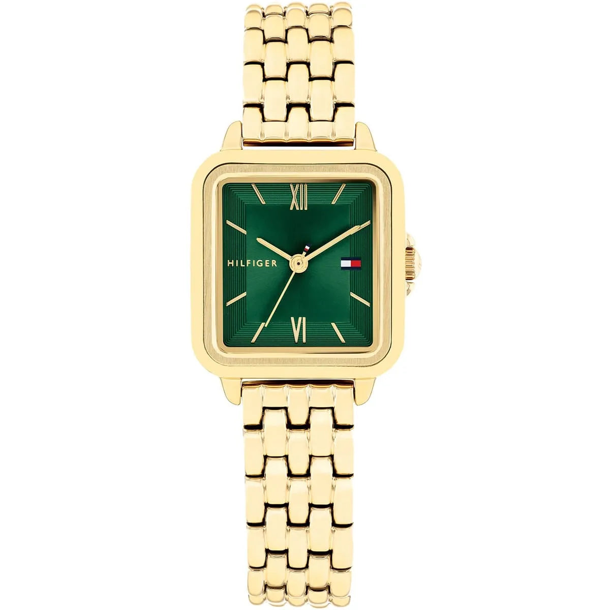 Tommy Hilfiger Mia gold ionic plated watch with green square dial and gold metal bracelet