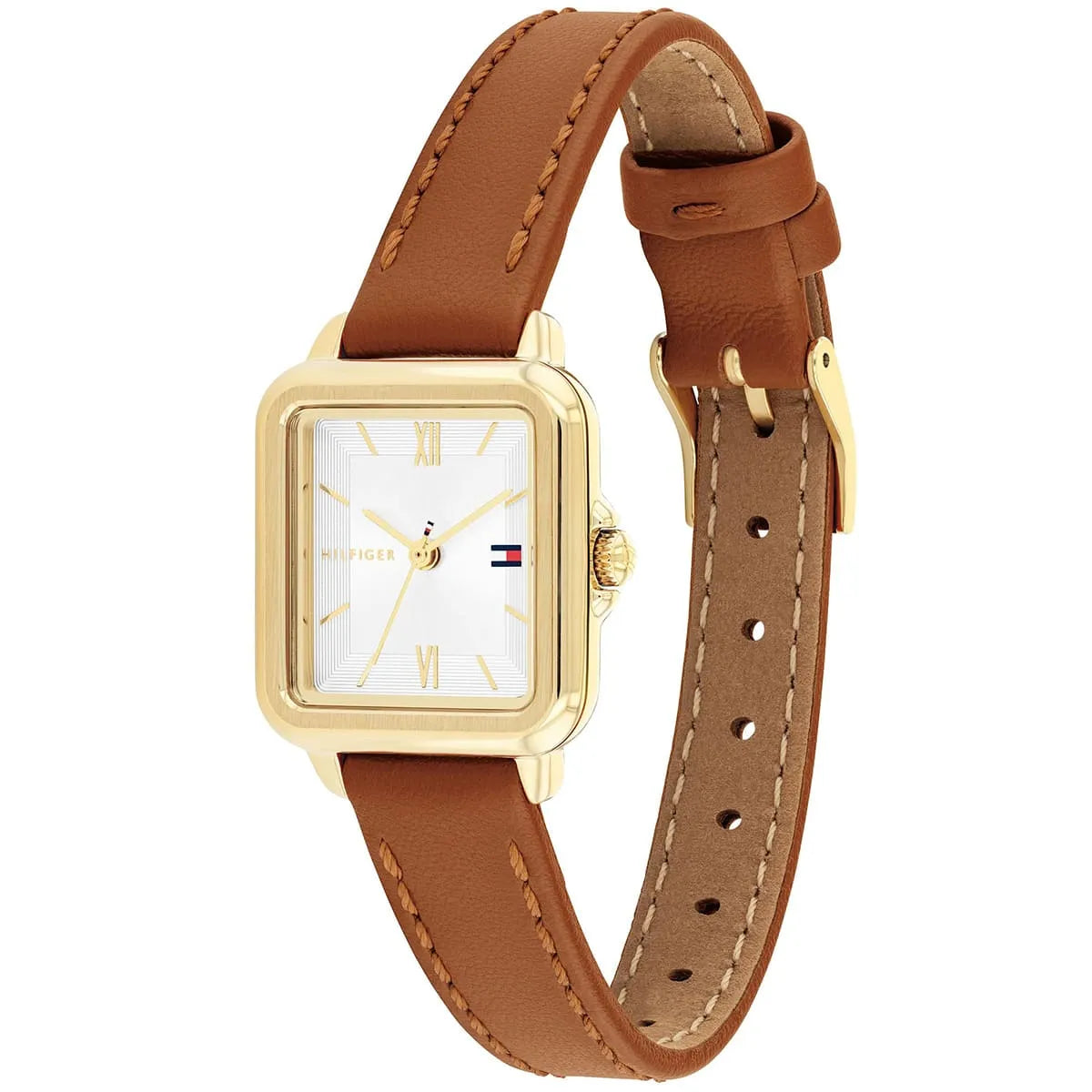 Tommy Hilfiger Mia watch angled view showing gold case and brown leather strap with buckle