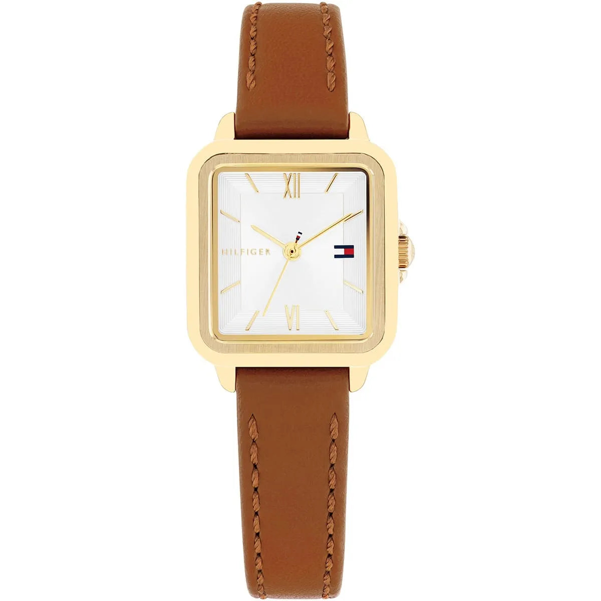 Tommy Hilfiger Mia gold-plated square watch with white dial and brown leather strap