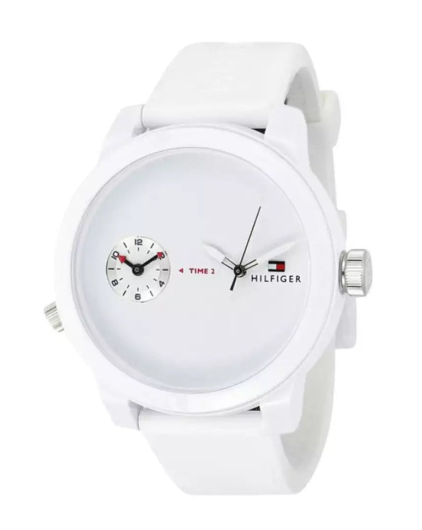 White silicone Tommy Hilfiger men's watch shown at three-quarter angle