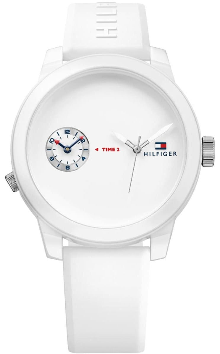 Tommy Hilfiger white dial watch with white silicone strap and dual time display