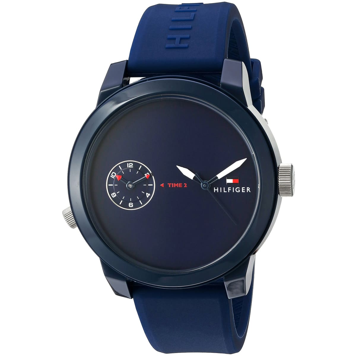 Angled view of Tommy Hilfiger sport watch showing navy case, blue strap, and dual time display