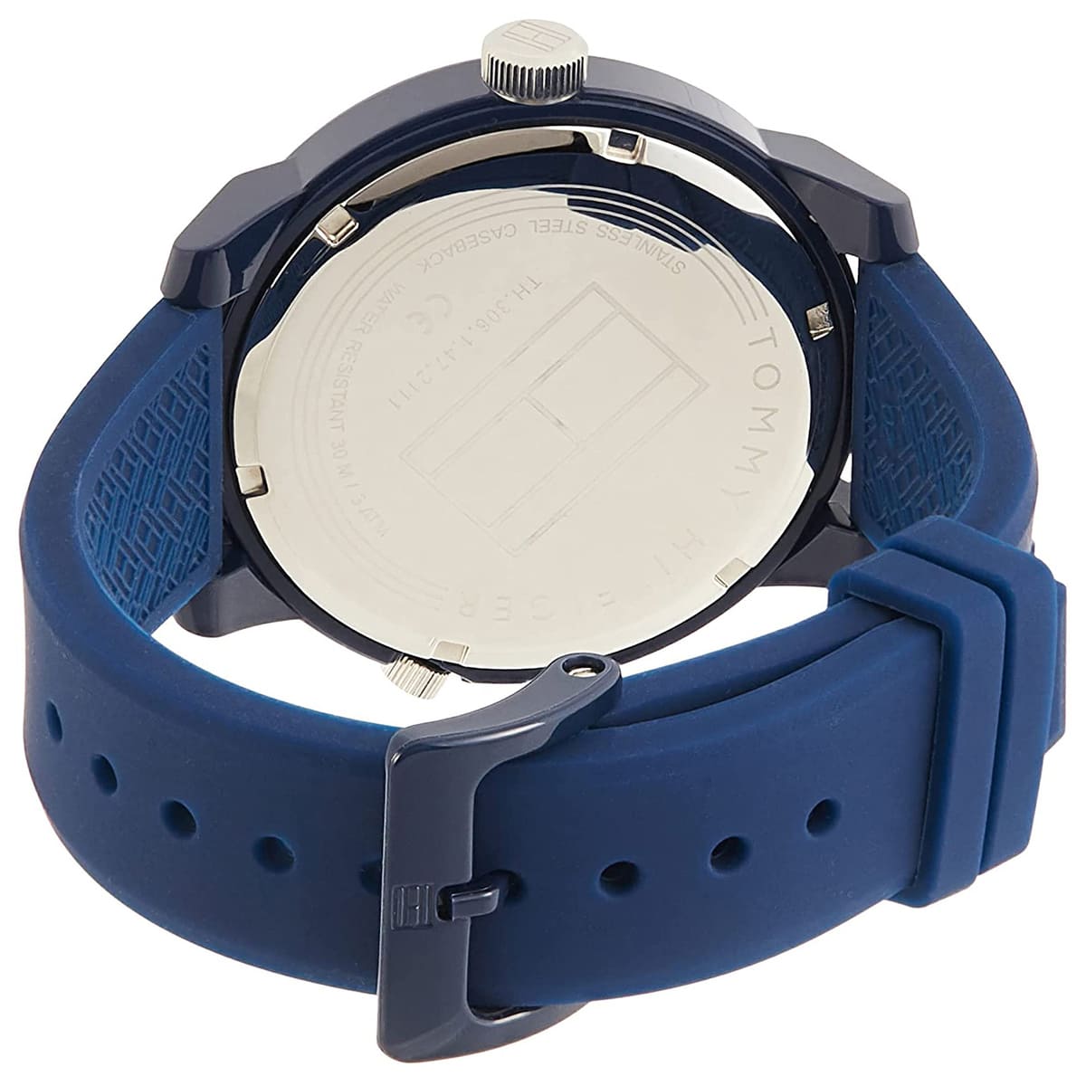 Tommy Hilfiger watch caseback showing stainless steel case back with blue silicone strap