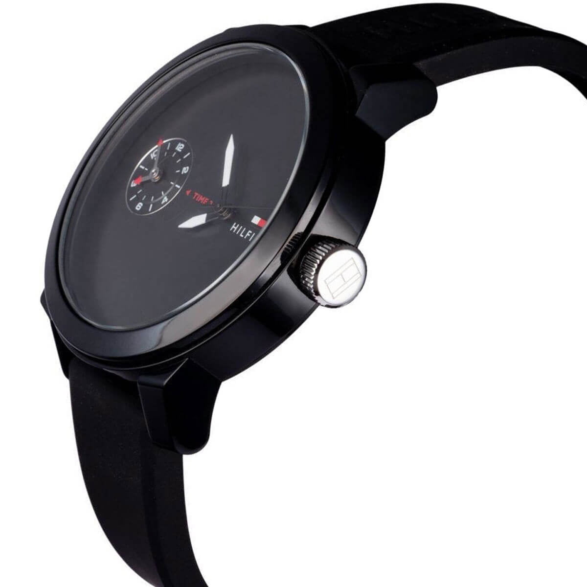 Side view of Tommy Hilfiger Denim watch showing black case profile and crown detail
