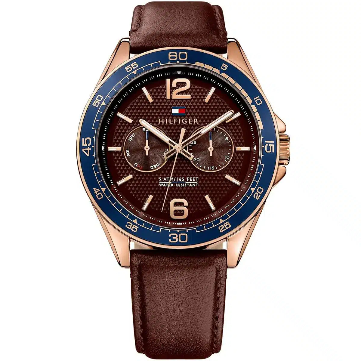 Tommy Hilfiger 1791367 brown dial men's watch with brown leather strap and blue bezel