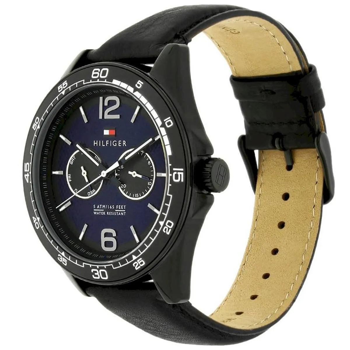 Tommy Hilfiger chronograph watch with navy blue dial and light tan leather strap interior