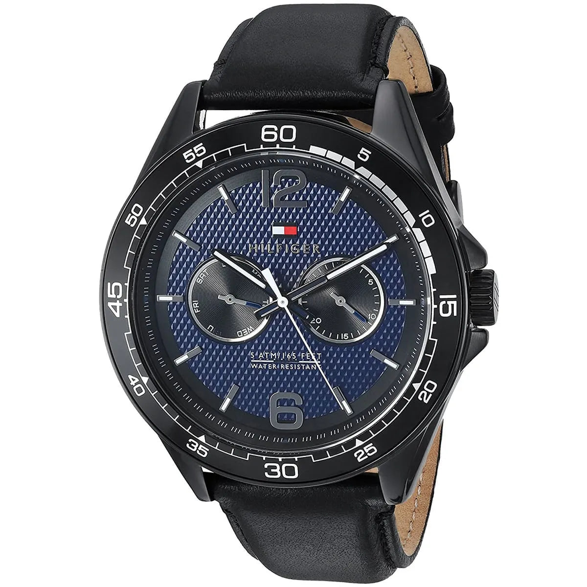 Tommy Hilfiger men's watch 46mm case with blue dial and black leather strap, three-quarter view