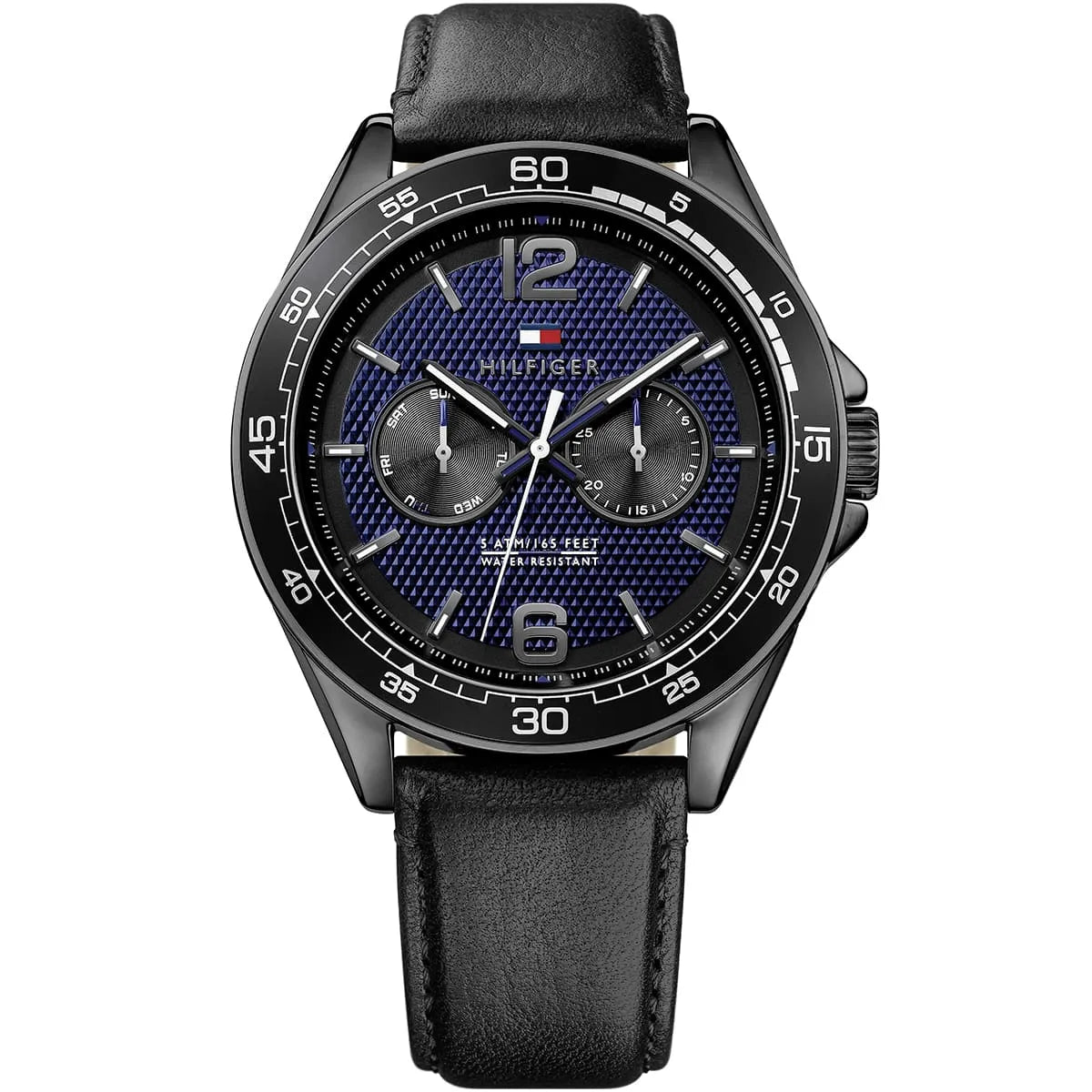 Tommy Hilfiger men's watch with blue dial, black leather strap, and chronograph subdials