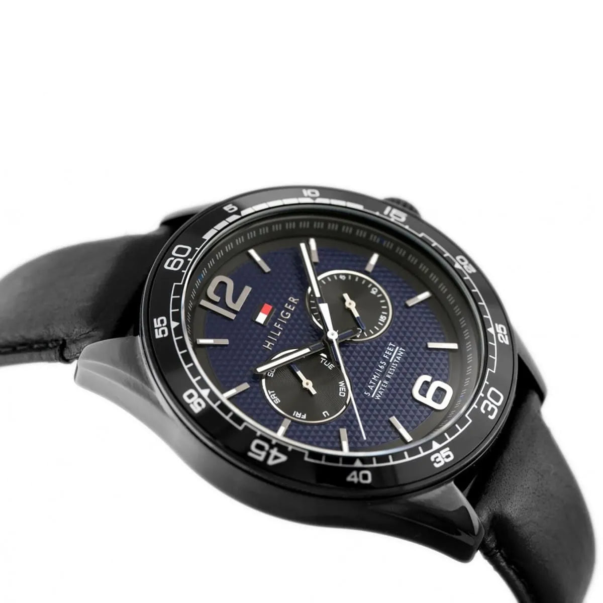 Tommy Hilfiger men's watch side view showing 46mm case profile and black leather strap