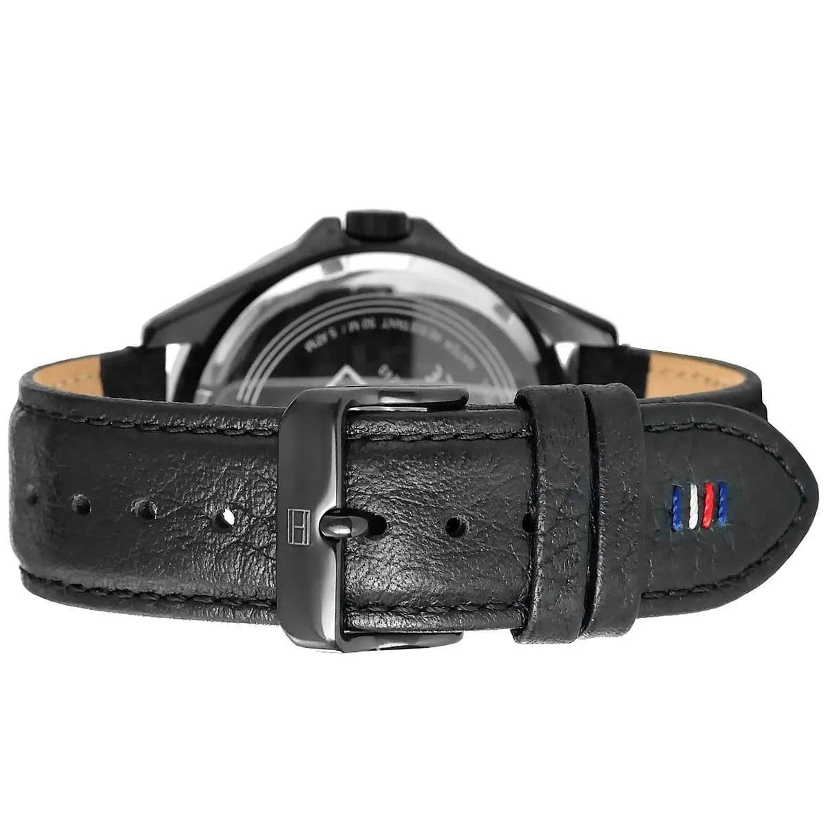 Black leather strap with metal buckle and Tommy Hilfiger flag logo detail