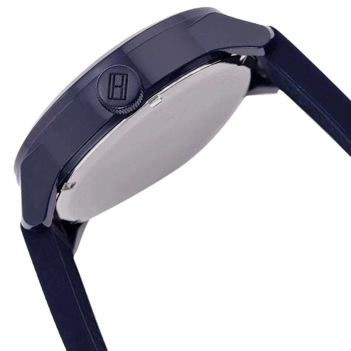 Side profile of Tommy Hilfiger watch showing case thickness and rubber strap design