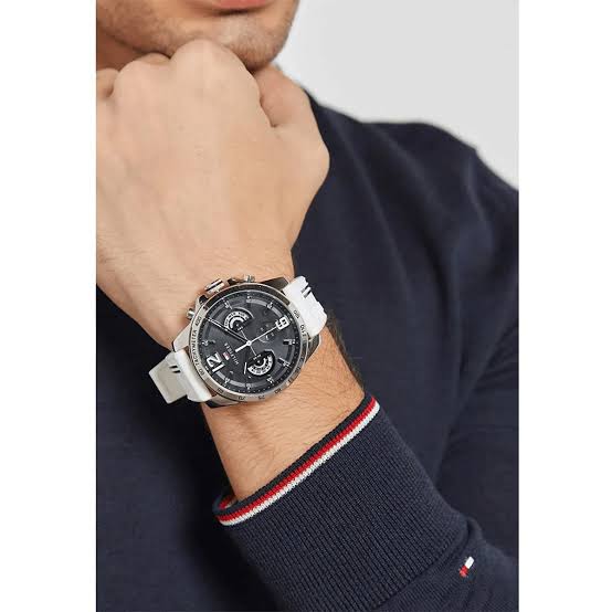 Tommy Hilfiger Multifunction Black Dial White Rubber Strap Watch for Men - 1791475