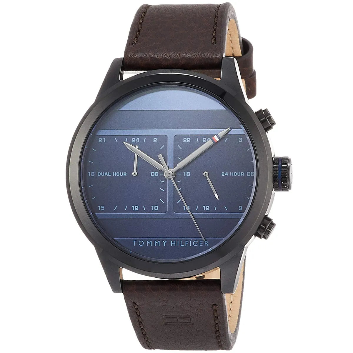 Tommy Hilfiger men's dual-time watch angled view showing blue dial and case