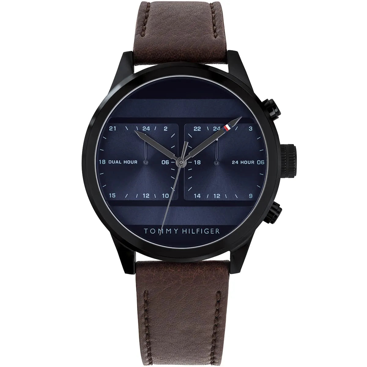 Tommy Hilfiger dual-time men's watch with blue dial and brown leather strap