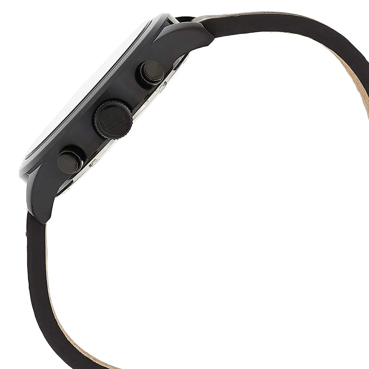 Tommy Hilfiger watch side view showing black case and chronograph pushers
