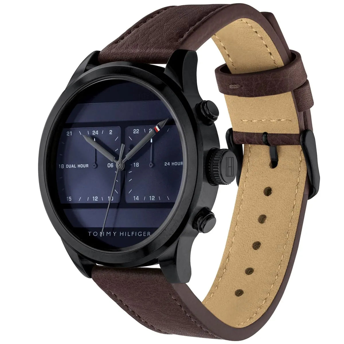 Tommy Hilfiger watch strap detail showing brown leather with tan lining