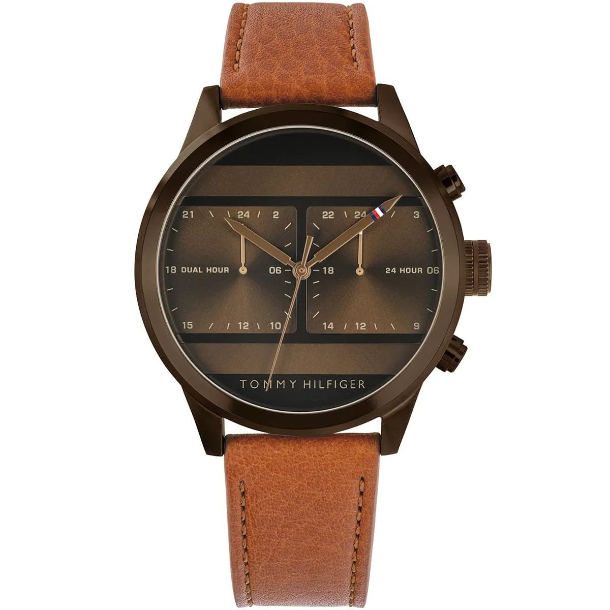 Tommy Hilfiger Brown Dual Time Dial, Leather Strap  Men's Watch - 1791594