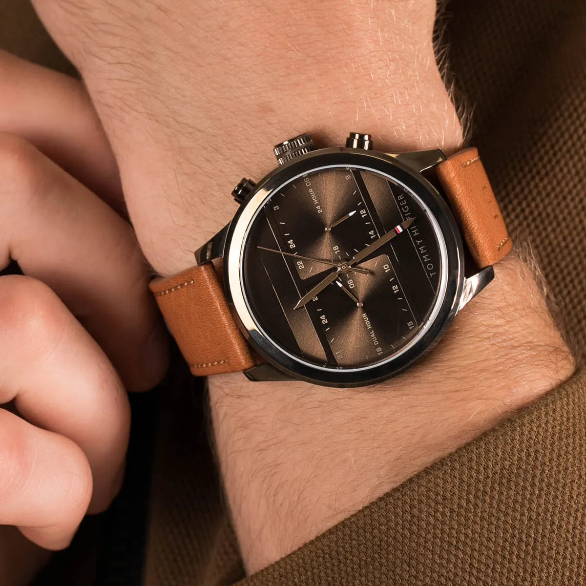 Tommy Hilfiger Brown Dual Time Dial, Leather Strap  Men's Watch - 1791594