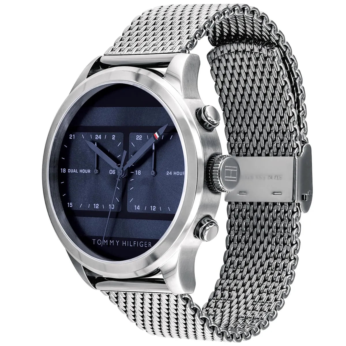 Tommy Hilfiger Quartz Silver Stainless Steel Blue Dial 44mm Dual Time Men's Watch - 1791596