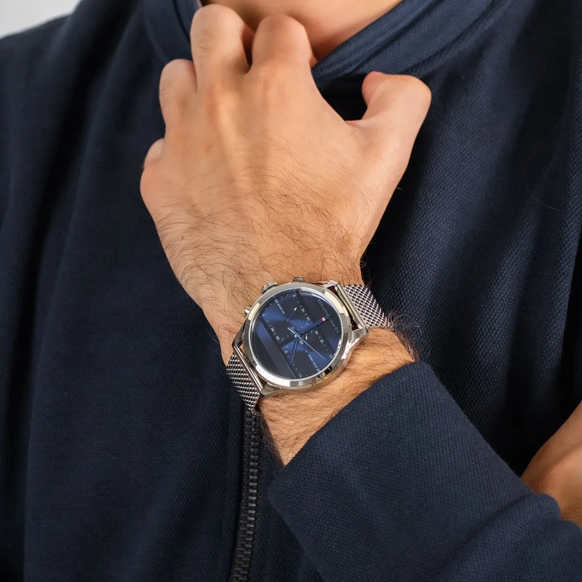 Tommy Hilfiger Quartz Silver Stainless Steel Blue Dial 44mm Dual Time Men's Watch - 1791596