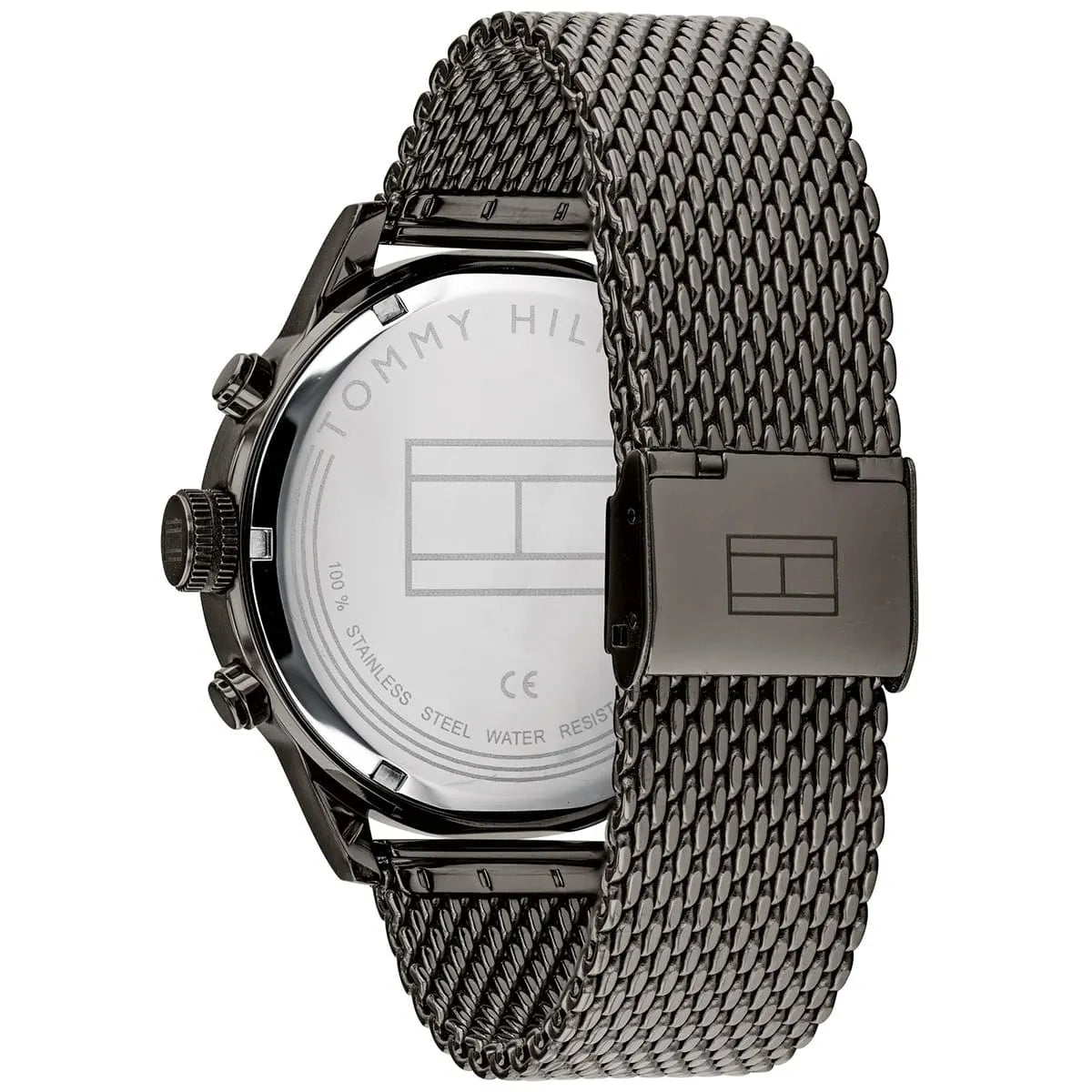 Tommy Hilfiger 1791597 watch three-quarter view displaying grey dial and mesh strap
