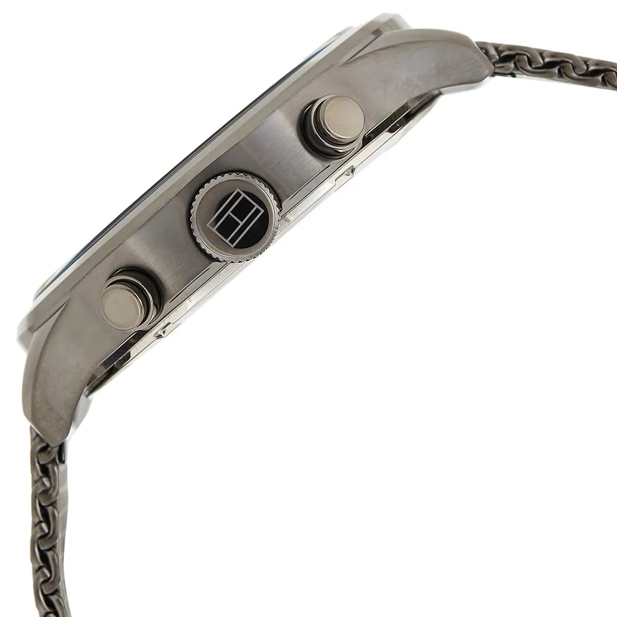 Tommy Hilfiger 1791597 watch side profile showing chronograph pushers and gunmetal case