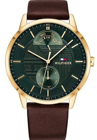 Tommy Hilfiger 1791607 watch with green dial, gold-tone case, and brown leather strap, front view