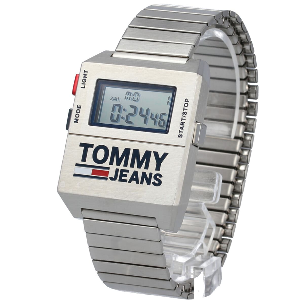 Tommy Hilfiger Jeans digital watch worn on wrist showing square dial and metal band