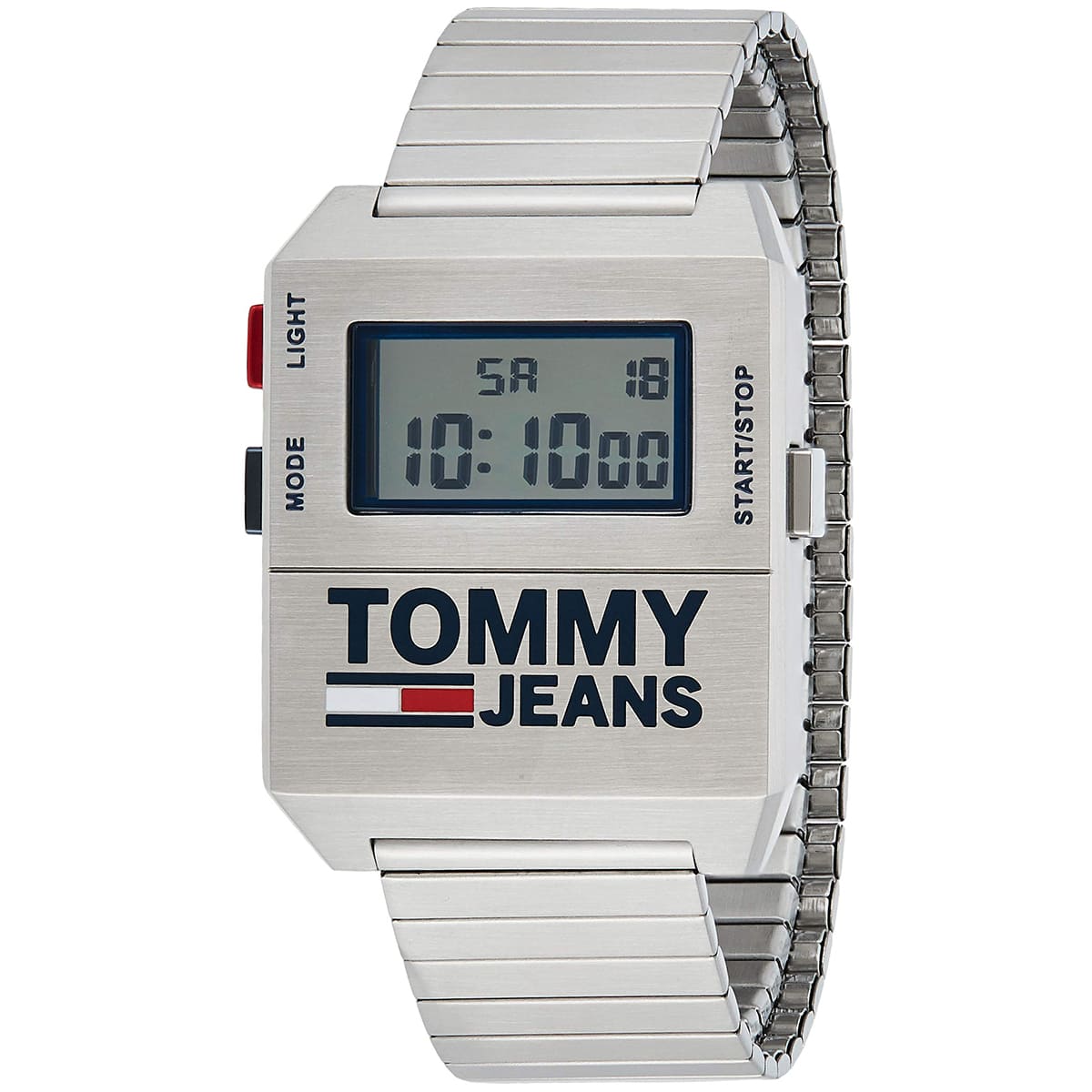 Tommy Hilfiger Jeans digital watch angled view showing metal bracelet and dial