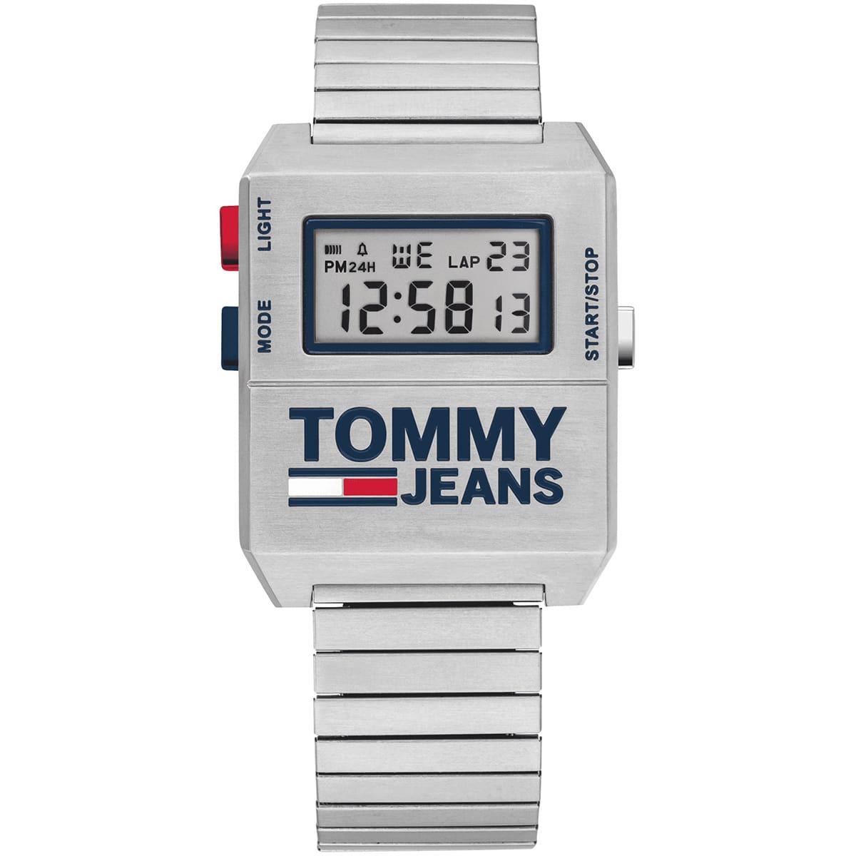 Tommy Hilfiger Jeans digital watch with white square dial and stainless steel bracelet