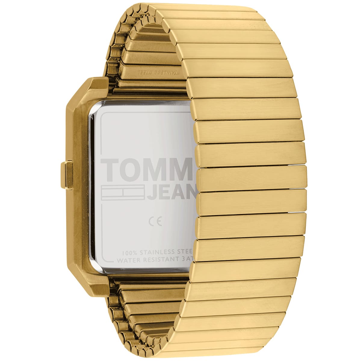 Side view of Tommy Hilfiger gold watch showing case profile and articulated metal strap