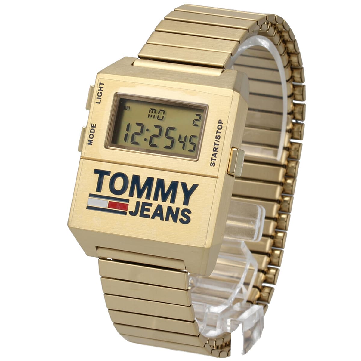 Tommy Hilfiger gold digital chronograph watch three-quarter view with display and strap