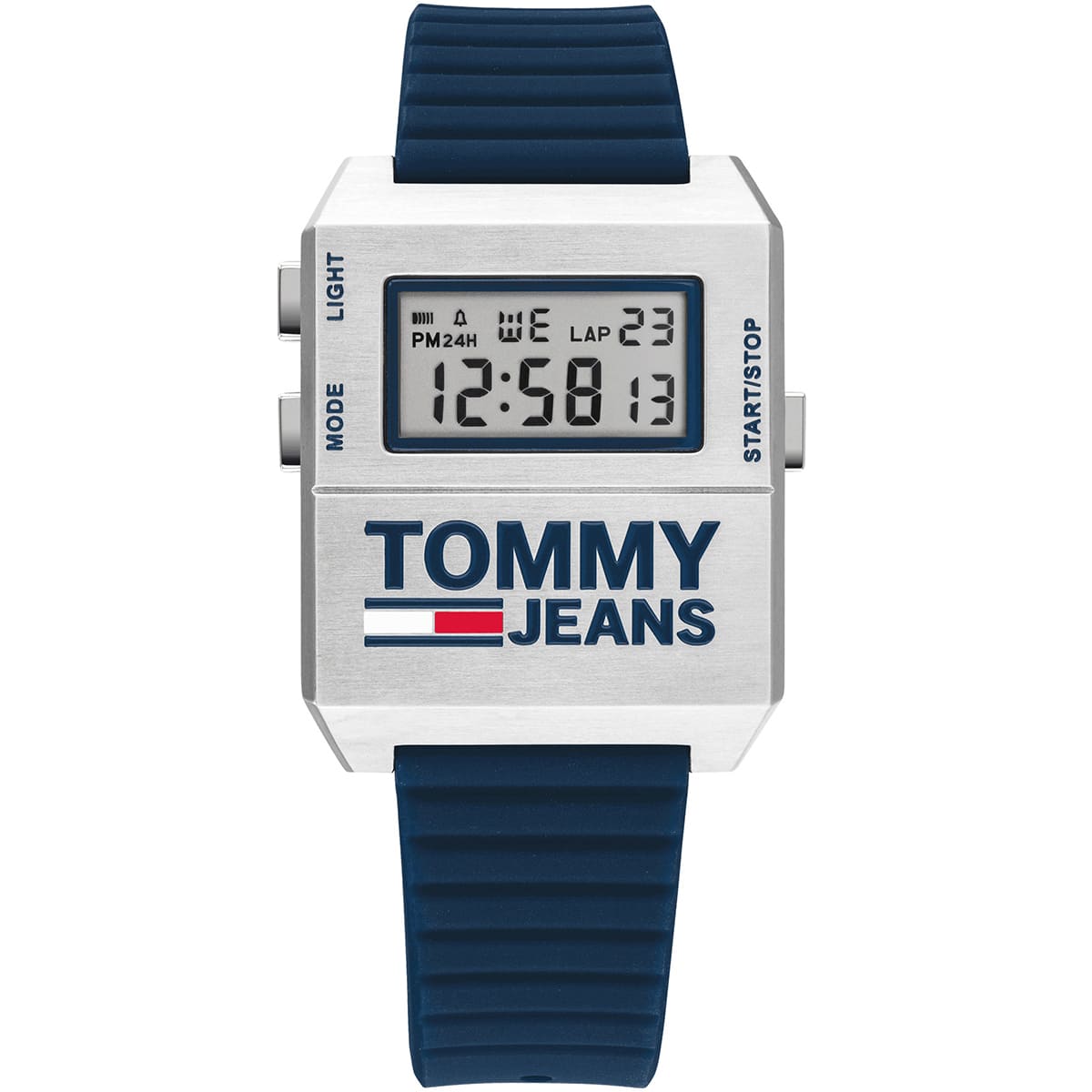 Tommy Hilfiger Jeans digital watch with white square dial and navy rubber strap