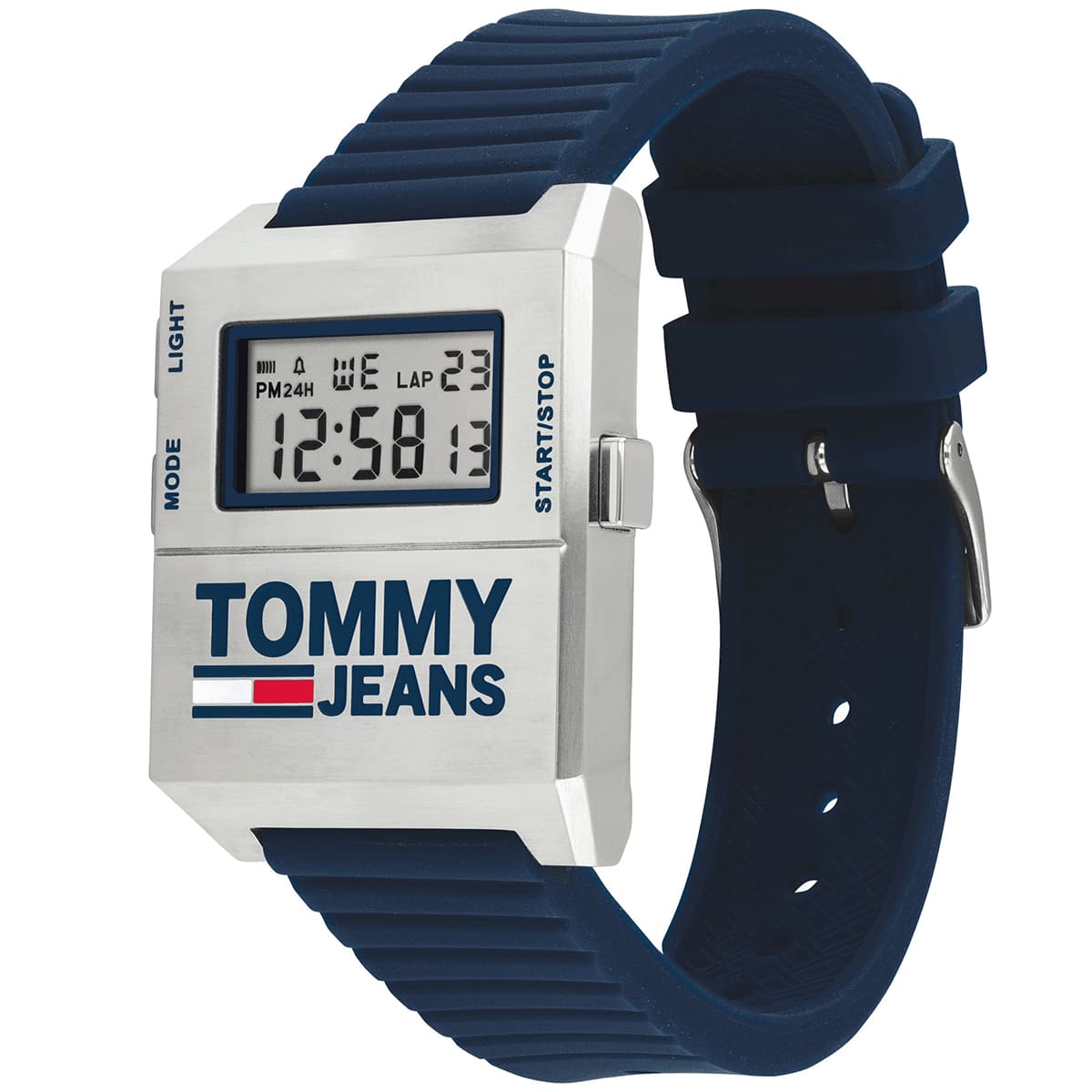 Tommy Hilfiger Jeans watch side view displaying digital display and strap profile