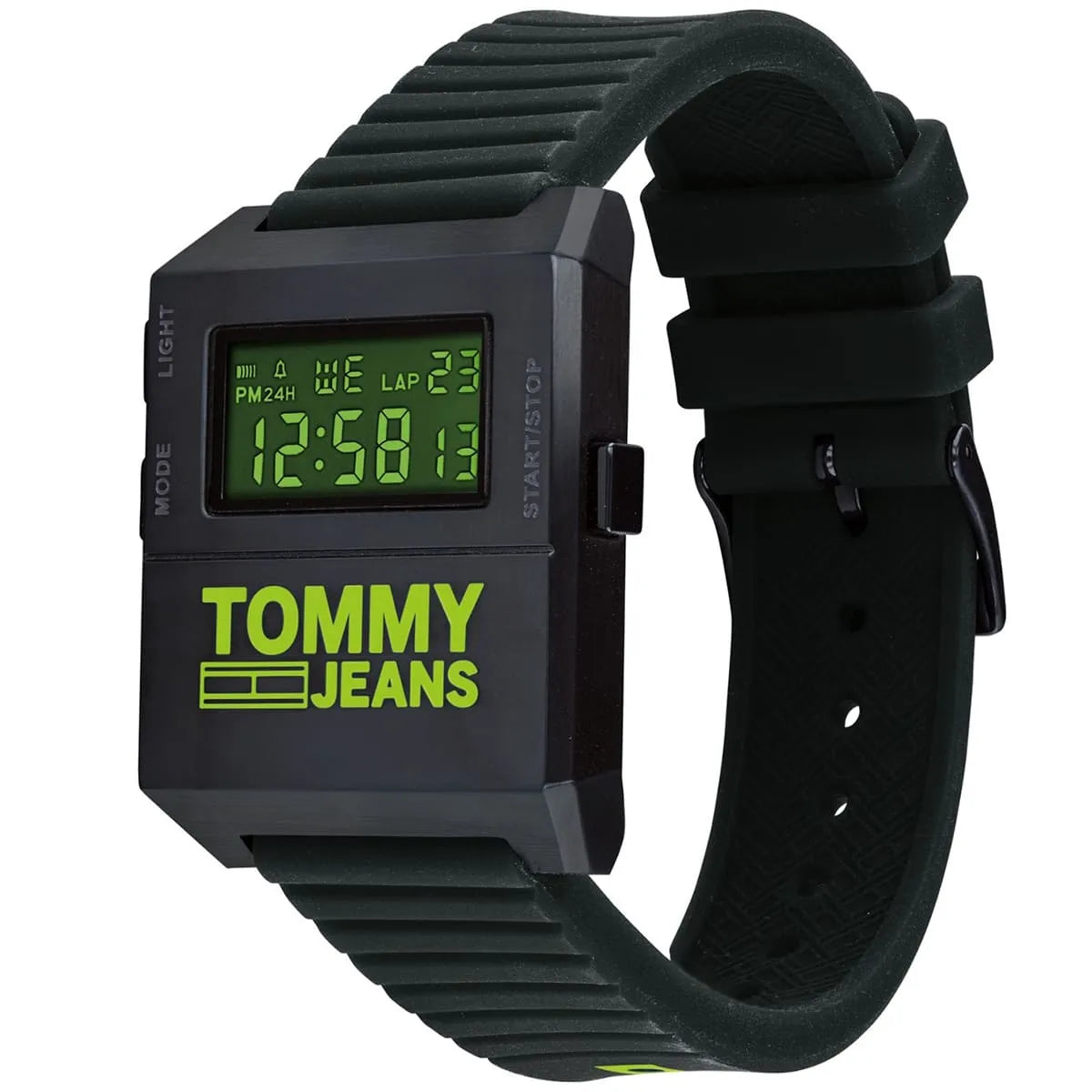Tommy Hilfiger digital watch side view showing square case and silicone band