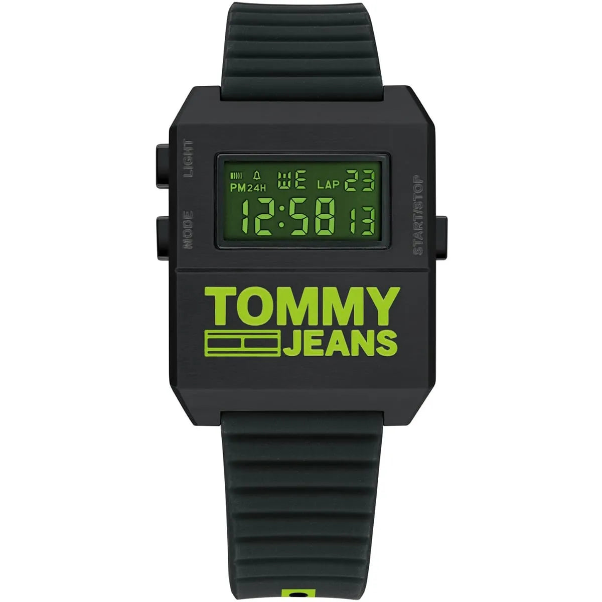 Tommy Hilfiger black digital watch with green LED display and black silicone band