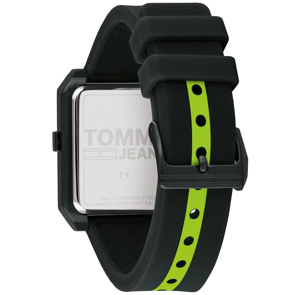 Tommy Hilfiger watch caseback and silicone band with neon yellow stripe detail