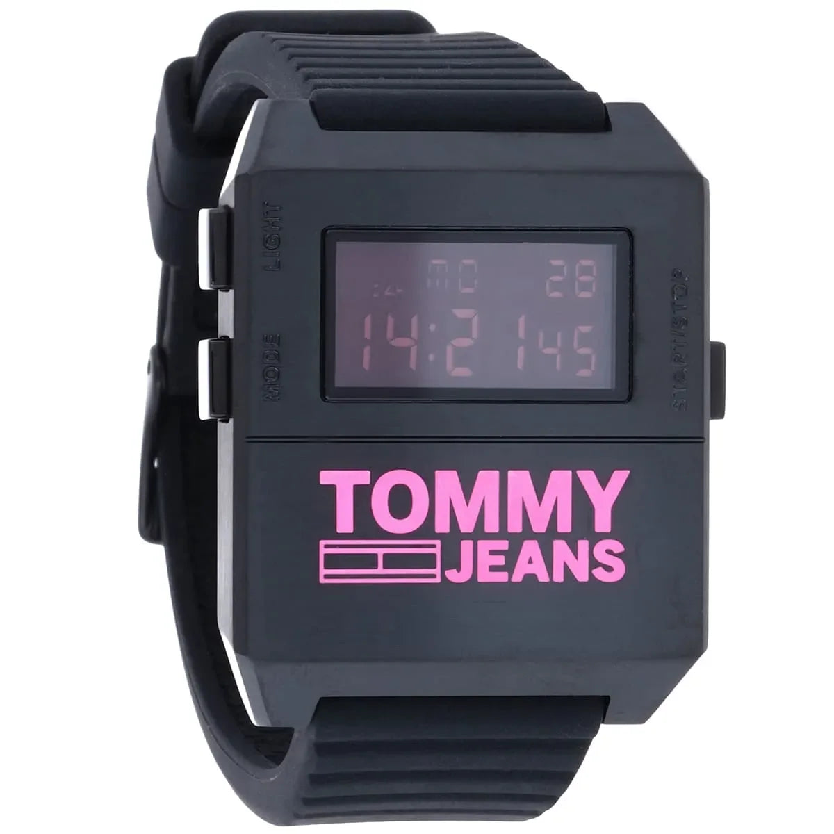 Side angle view of Tommy Hilfiger Jeans digital watch with black rubber strap