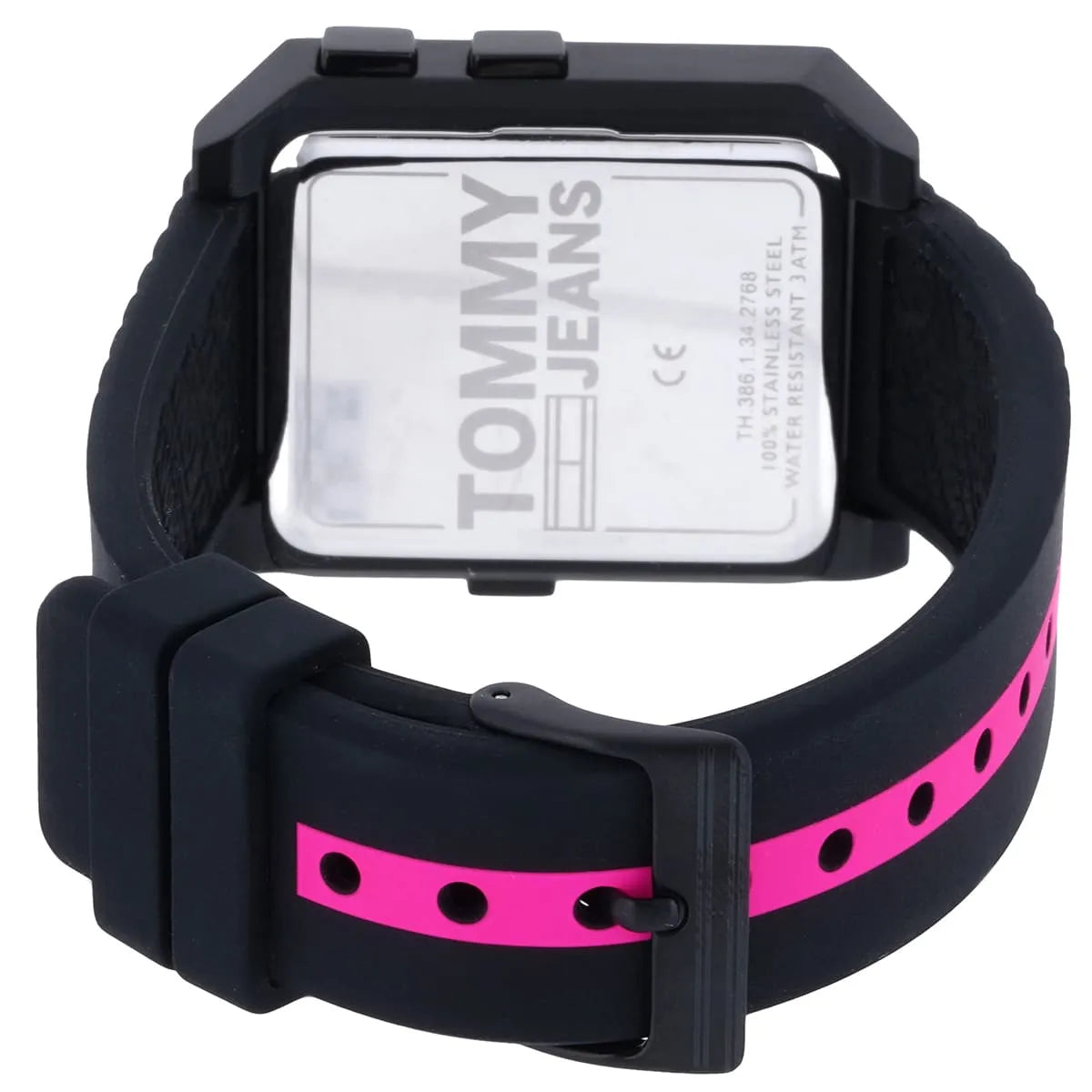 Caseback of Tommy Hilfiger Jeans watch showing stainless steel back with branding