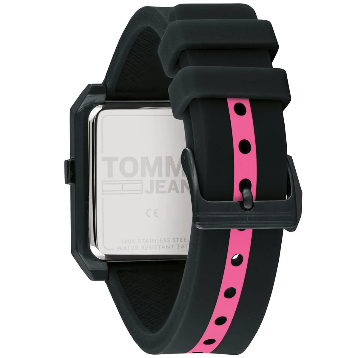 Close-up of Tommy Hilfiger Jeans watch strap showing black and pink rubber band detail
