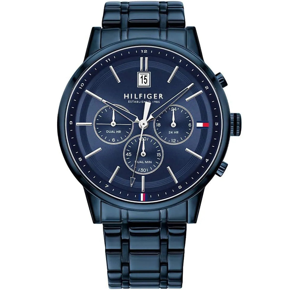 Tommy Hilfiger Kyle blue dial chronograph men's watch with dual-time subdials and stainless steel strap