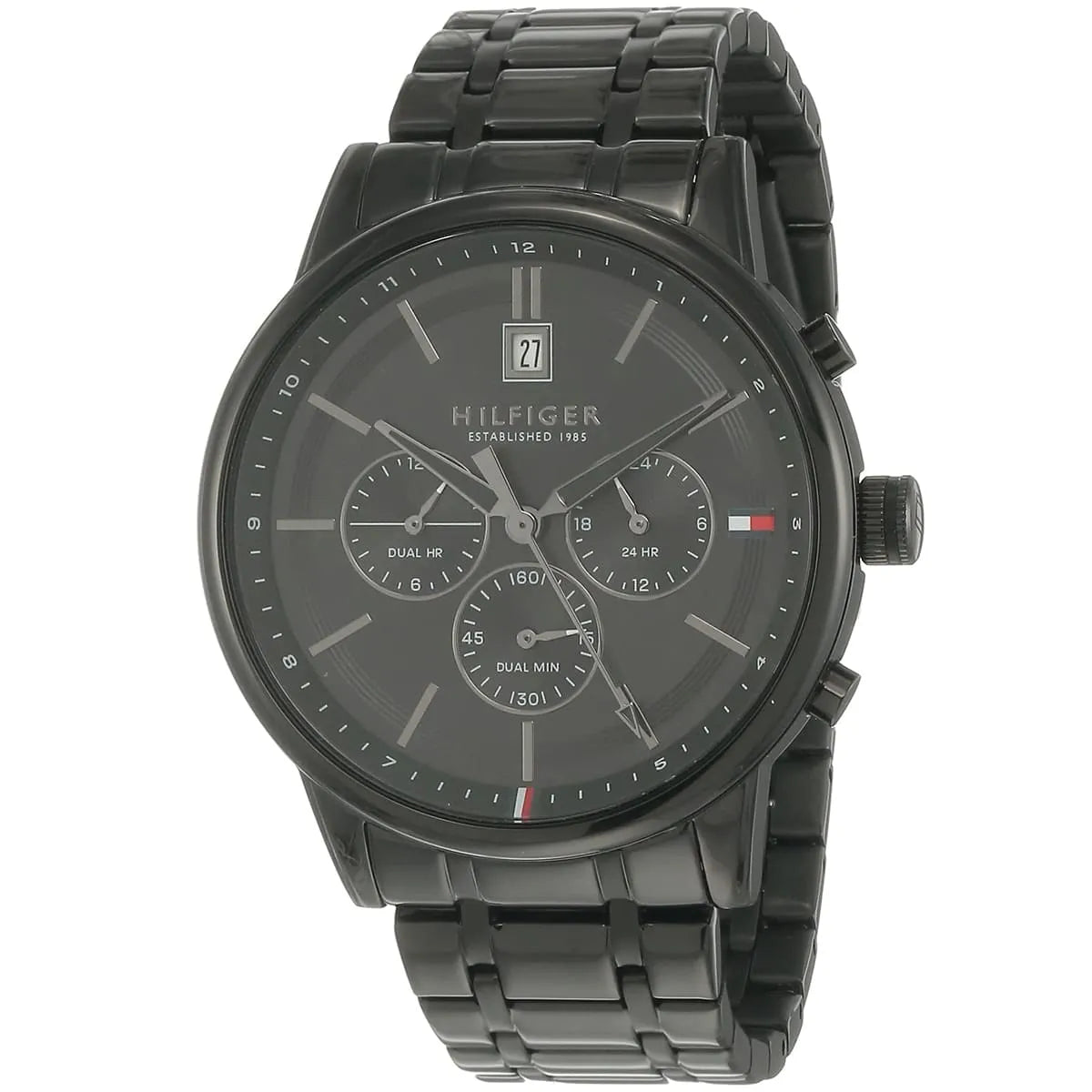 Tommy Hilfiger 1791695 watch at angle showing black stainless steel case and bracelet