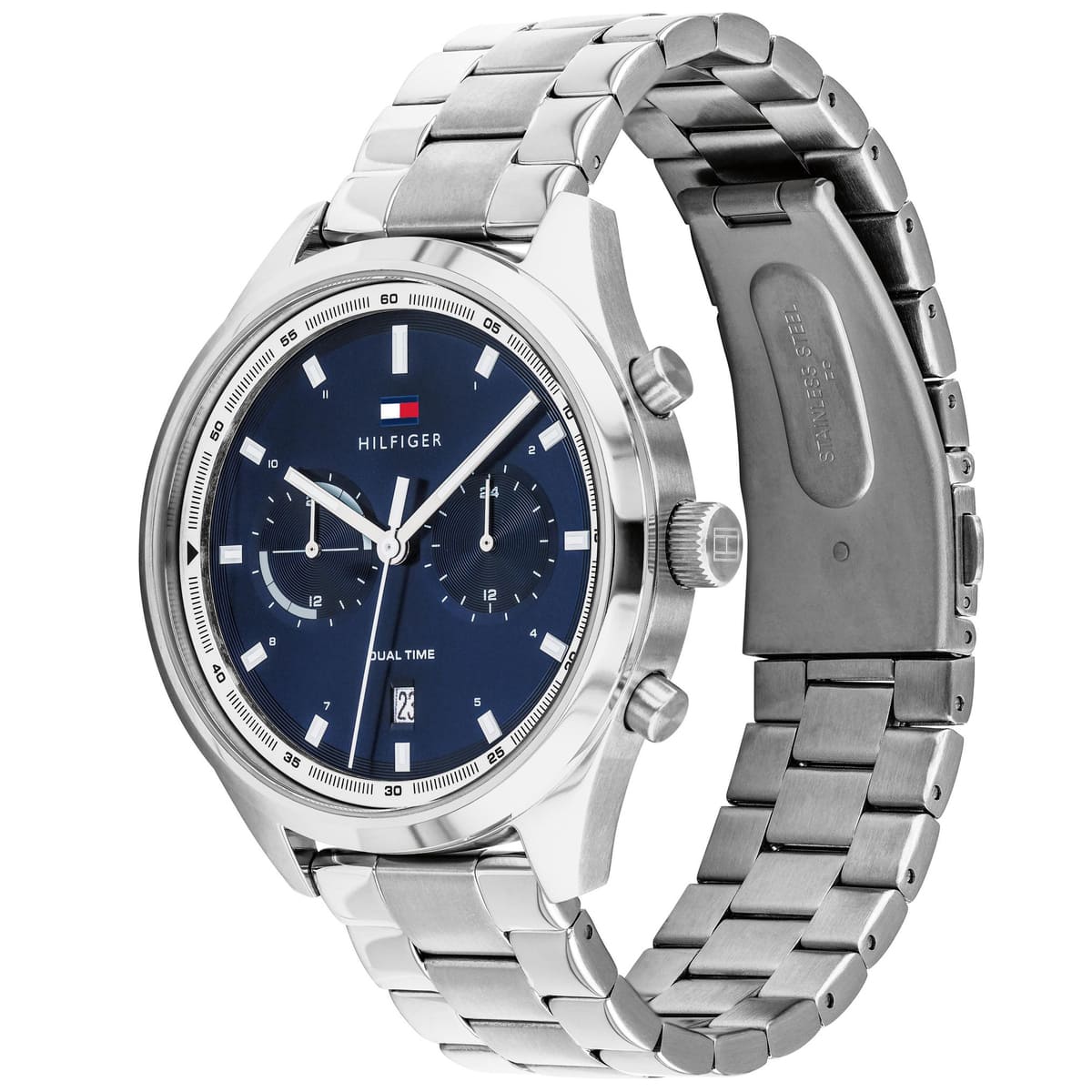 Three-quarter view of Tommy Hilfiger Bennett watch showing blue dial and stainless steel metal bracelet